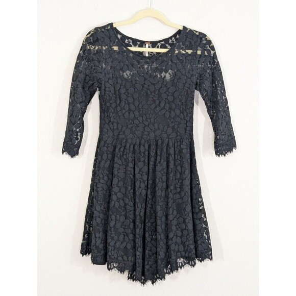 Free People Dresses & Skirts - Free People Black Lace Overlay Mini Dress Witchy Halloween Goth Whimsygoth Sheer